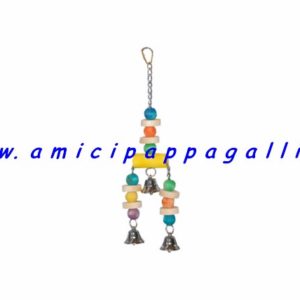 gioco per parrocchetti, pappagalli di tutti i tipi, di media e grande taglia, con campanelle, in legno colorato