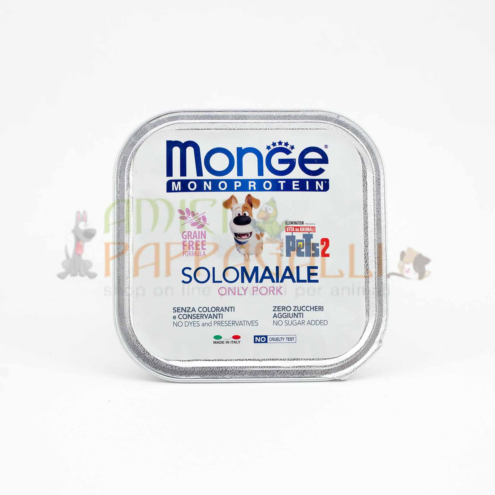 alimento umido per cani adulti monoproteico Monge SoloMaiale formula grainfree, senza coloranti e conservantie senza zuccheri aggiunti
