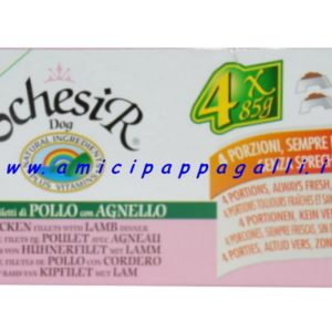 schesir dog filetti di pollo agnello alimento umido per cane 4 porzioni in lattina