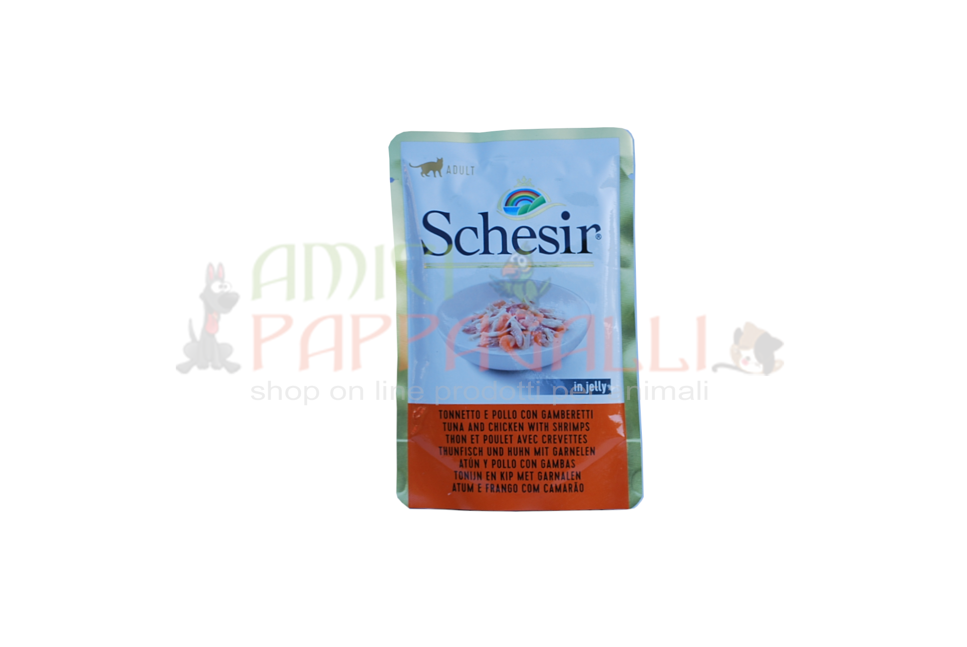 schesir gatto umido tonnetto e pollo con gamberetti in jelly